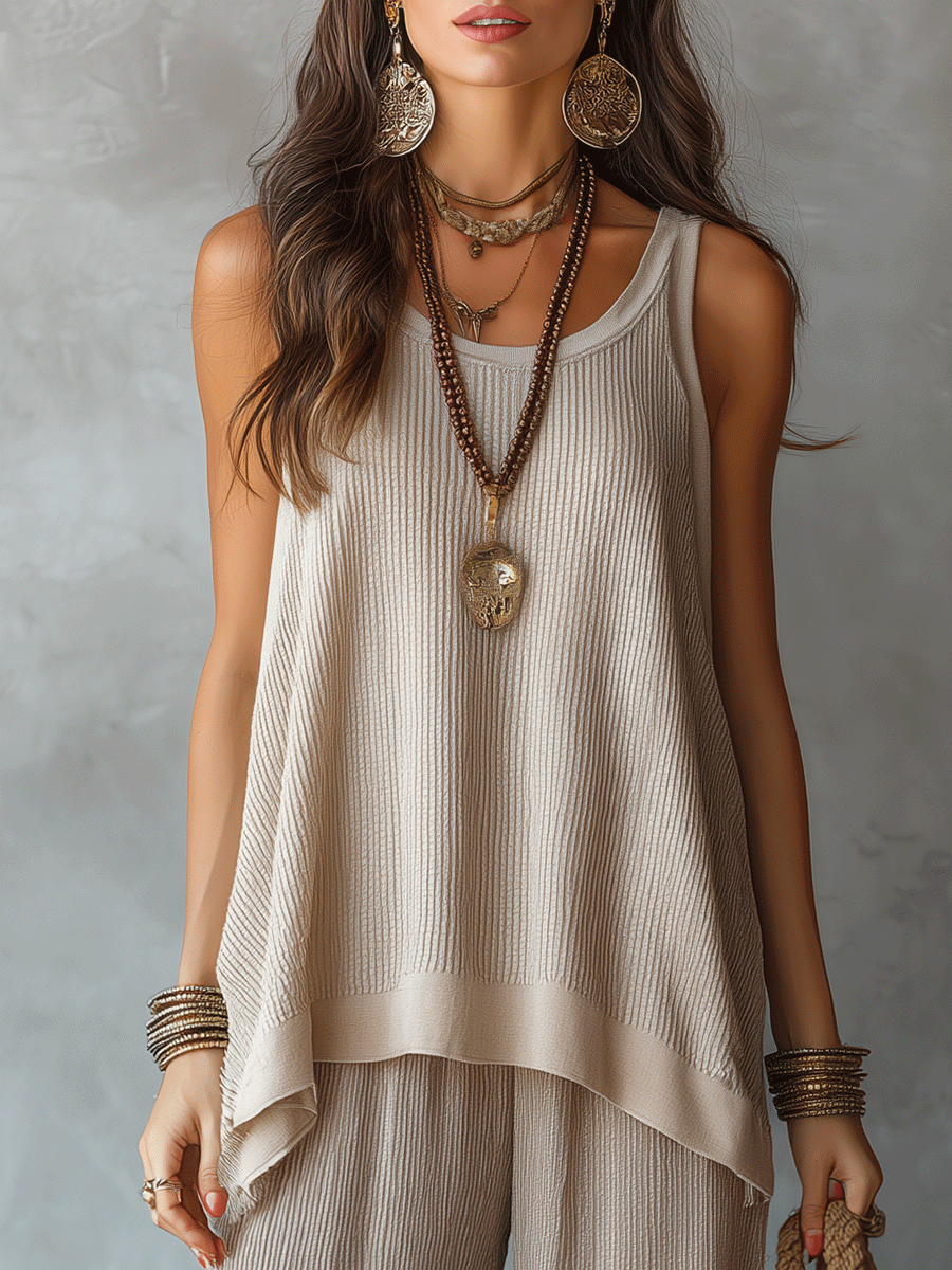Moeiteloos Boho Mouwloos Textuur Top & Brede Pantalon Set