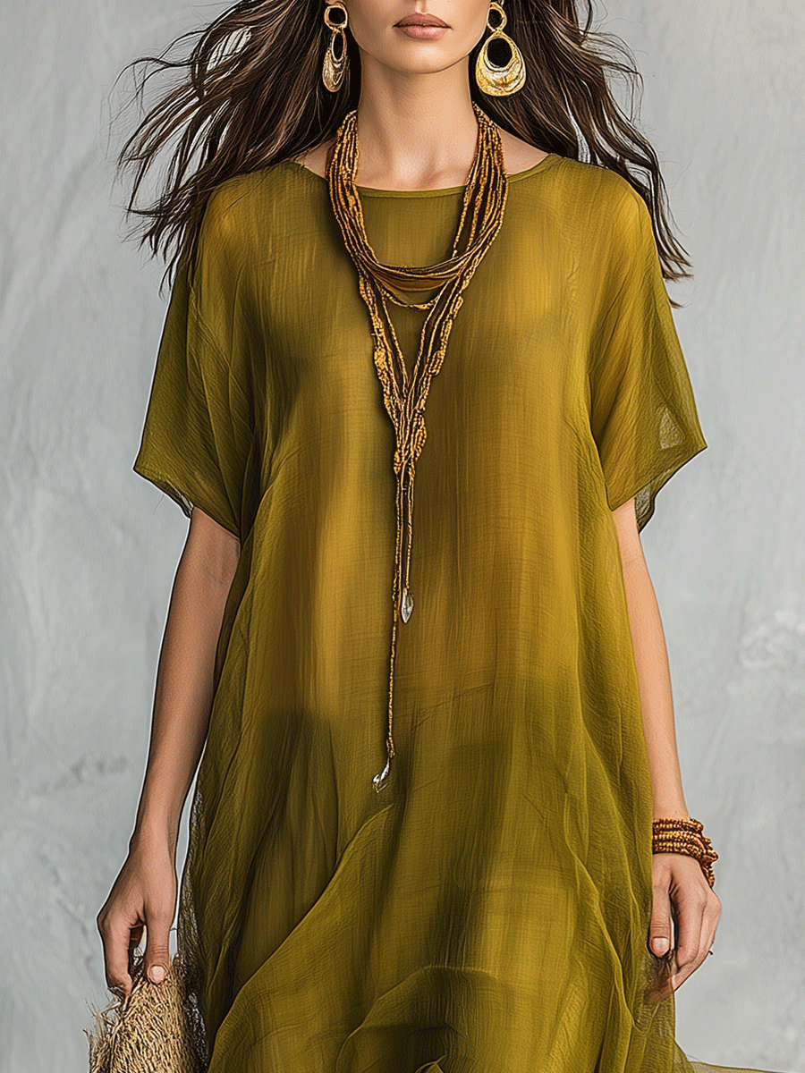 Olijfgroene Boheemse Maxi-jurk met Gedrapeerde Silhouet
