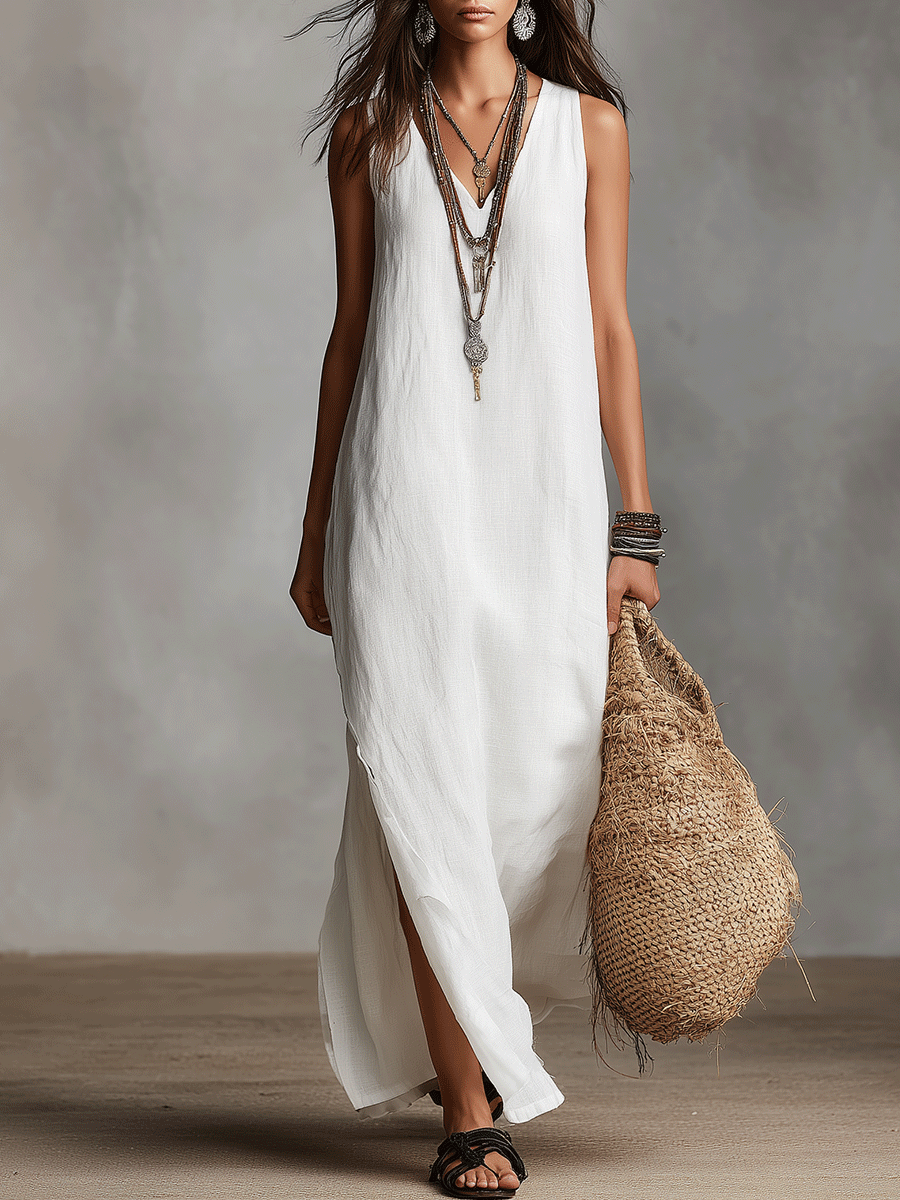 Chic Witte Mouwloze V-Hals Maxi Jurk
