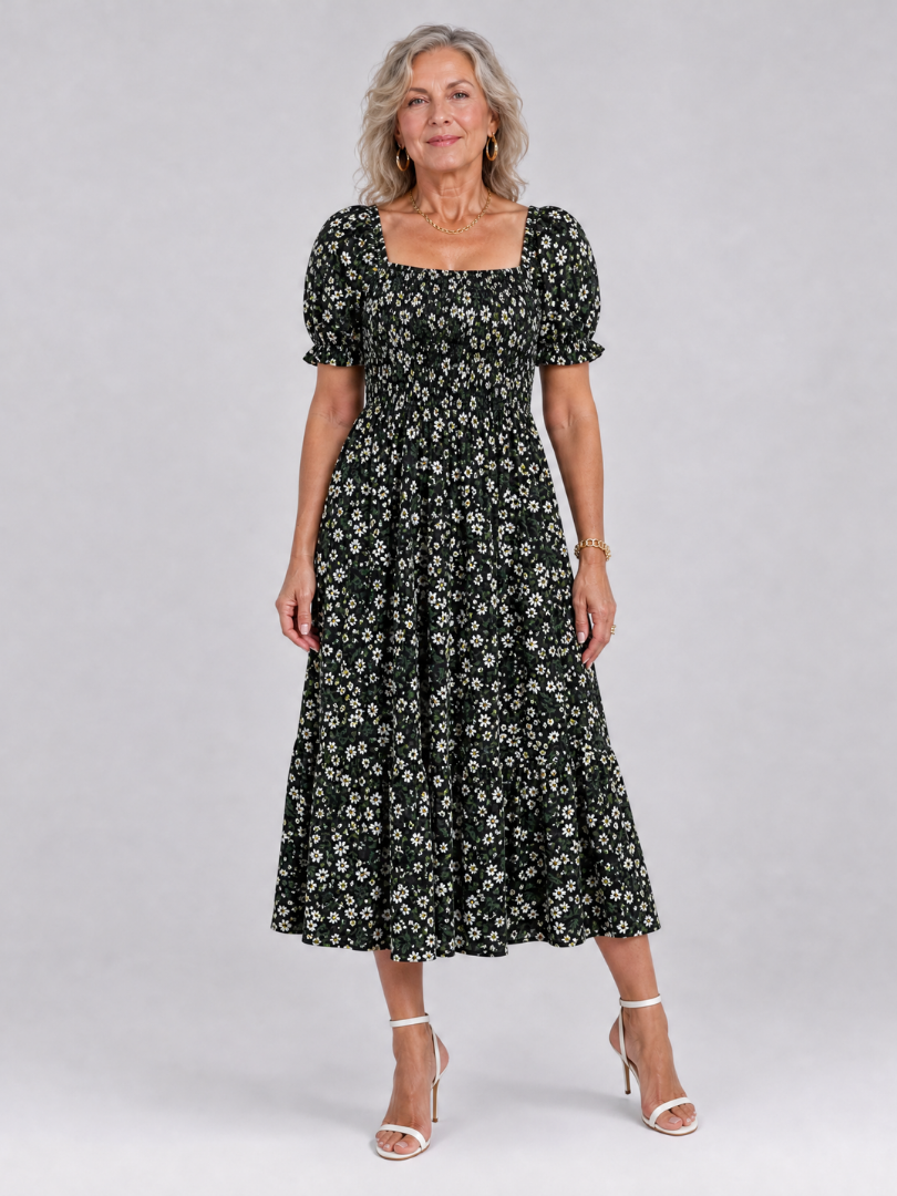 Louse | Midi-jurk met bloemenprint, smock en vierkante hals