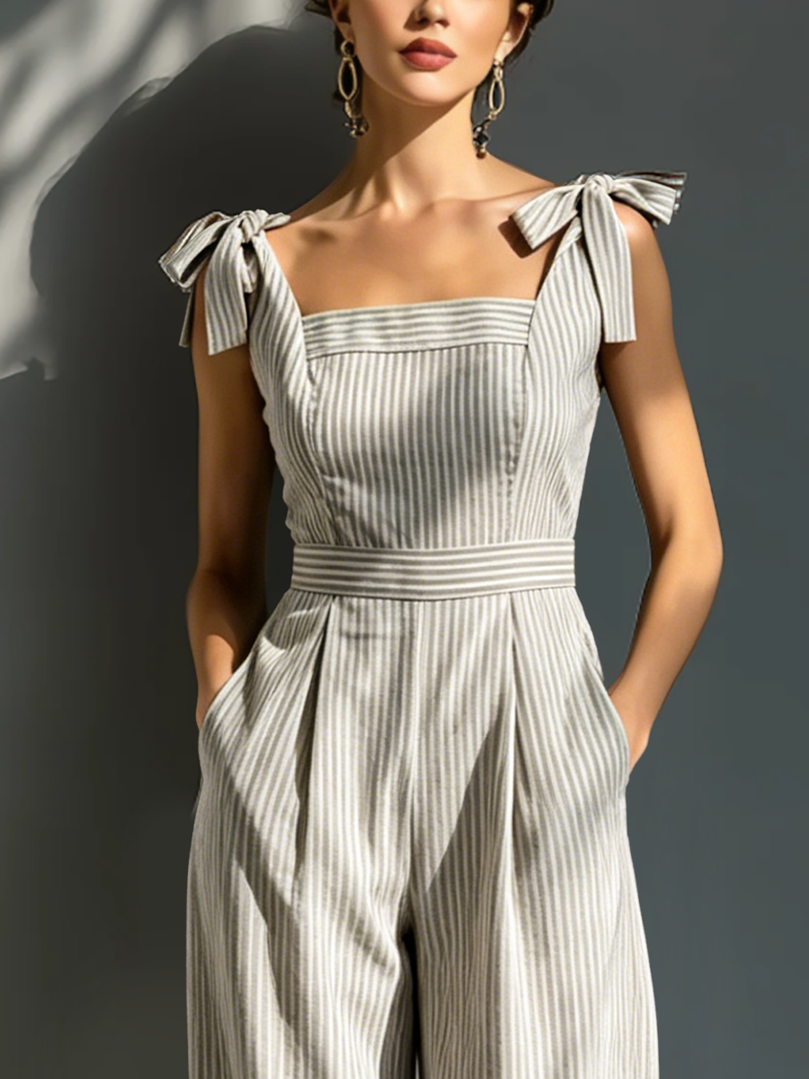 Céleste | Jumpsuit met vierkante halslijn en stropdas schouderbanden