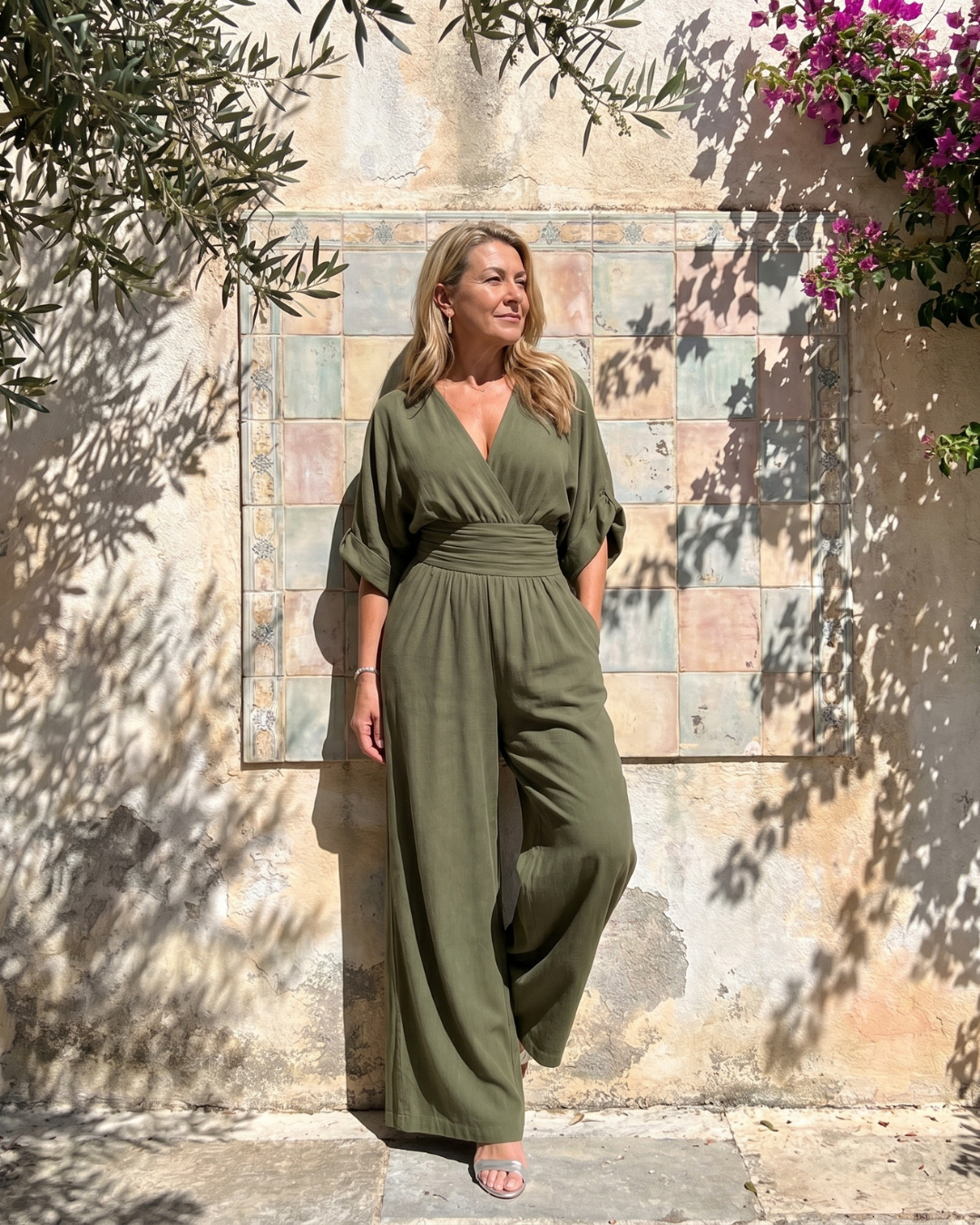 Emene | Gedrapeerde jumpsuit met V-hals en wijde pijpen
