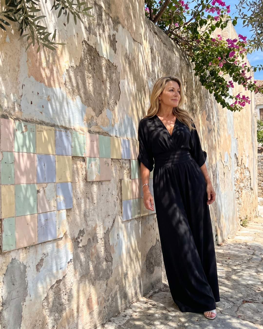 Emene | Gedrapeerde jumpsuit met V-hals en wijde pijpen