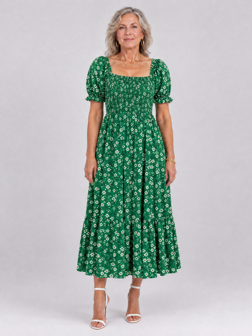 Louse | Midi-jurk met bloemenprint, smock en vierkante hals