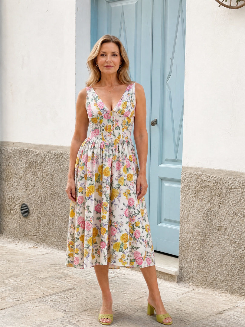 Elique | Mouwloze midi-jurk met bloemenprint en V-hals