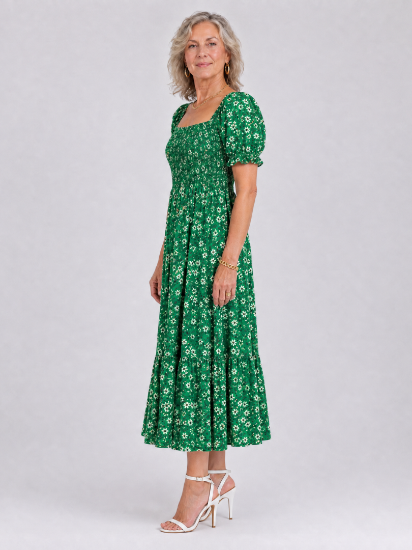 Louse | Midi-jurk met bloemenprint, smock en vierkante hals