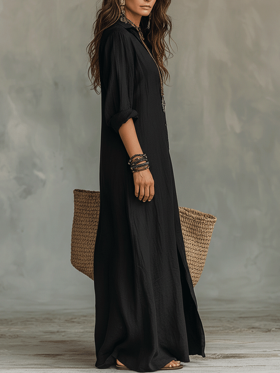 Zwart Knopen-Voorkant Bohemian Shirt Maxi Jurk