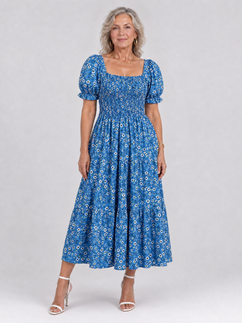 Louse | Midi-jurk met bloemenprint, smock en vierkante hals