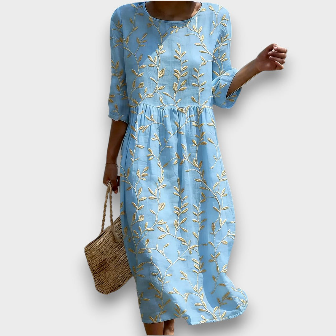 Natalie | Midi-jurk met ronde hals en planten- en bloemenprint