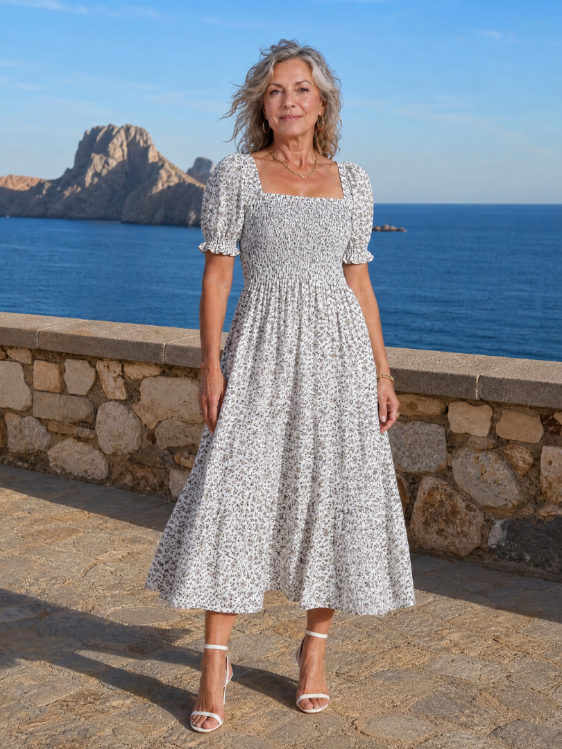 Louse | Midi-jurk met bloemenprint, smock en vierkante hals