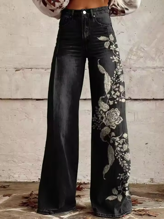 ECSLISSI | Vintage Zwarte Bloemen Chique Broek