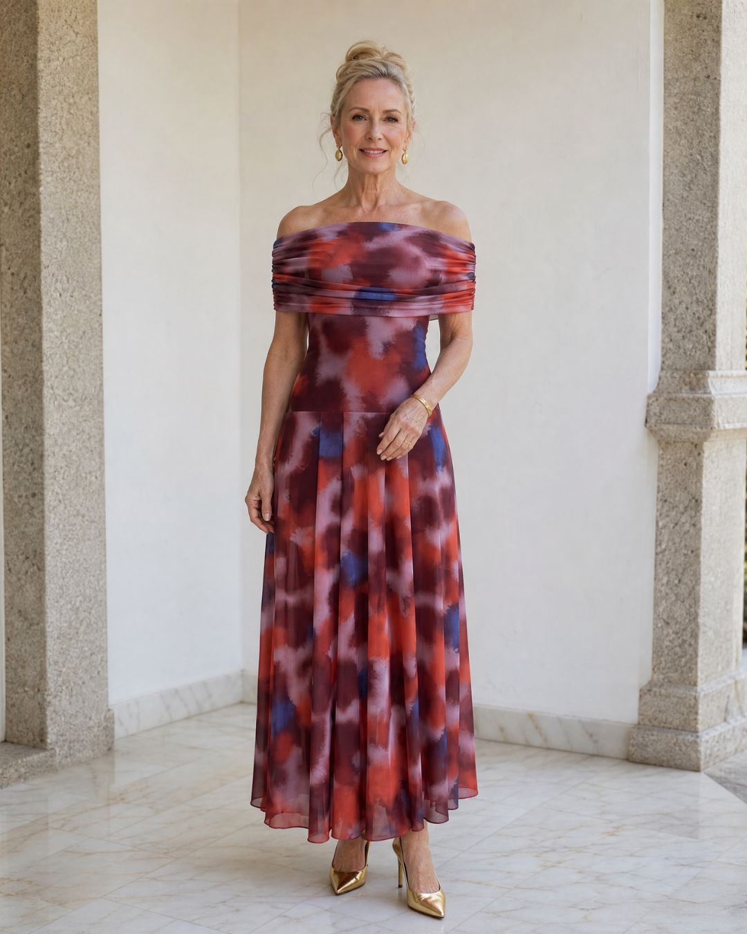 Violla | Off-shoulder midi-jurk met aquarelprint