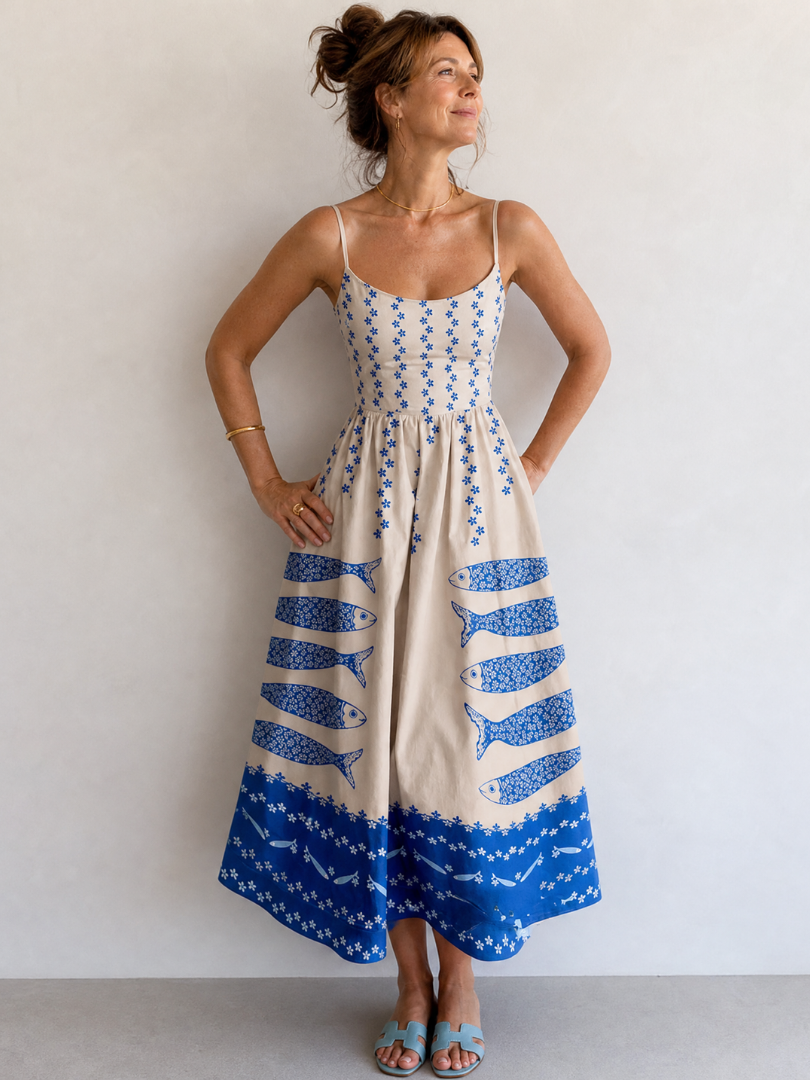 Mukara | Mouwloze midi-jurk met visprint