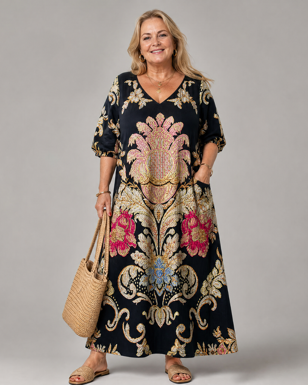 Evarose | Midi-jurk met sierlijke vintage print en driekwartmouw