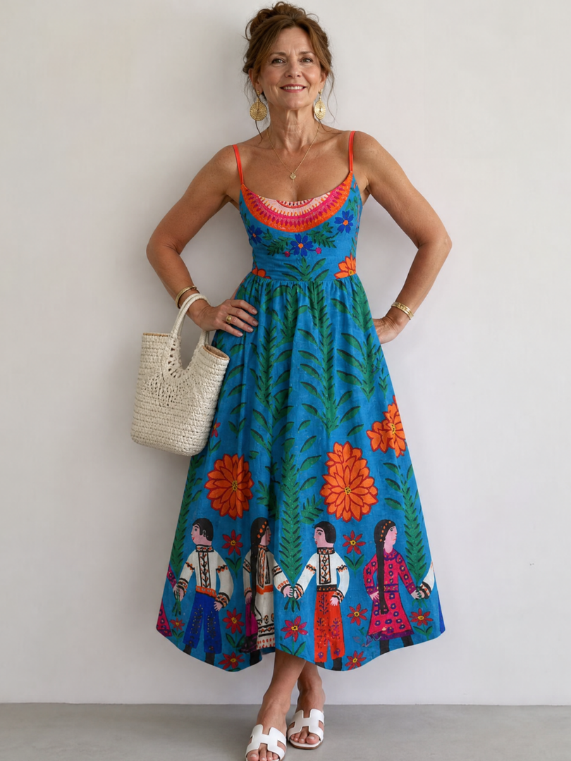 Xylienne | Mouwloze midi-jurk met folkloreprint