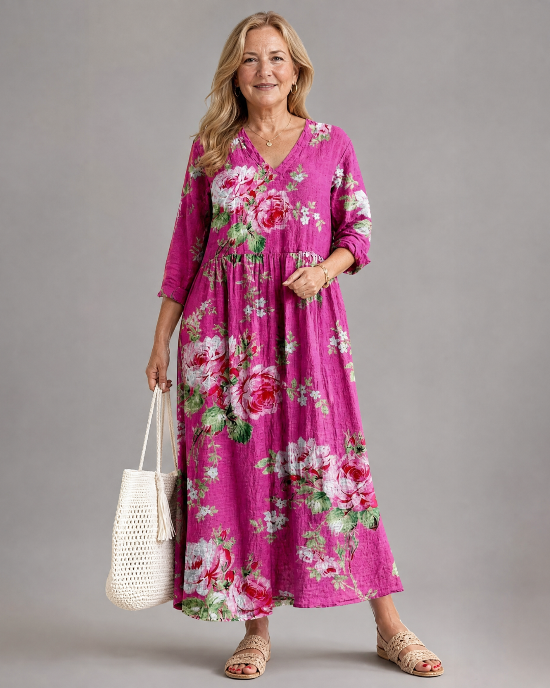 Rosavelle | Midi-jurk met vintage rozenprint en gerimpelde taille