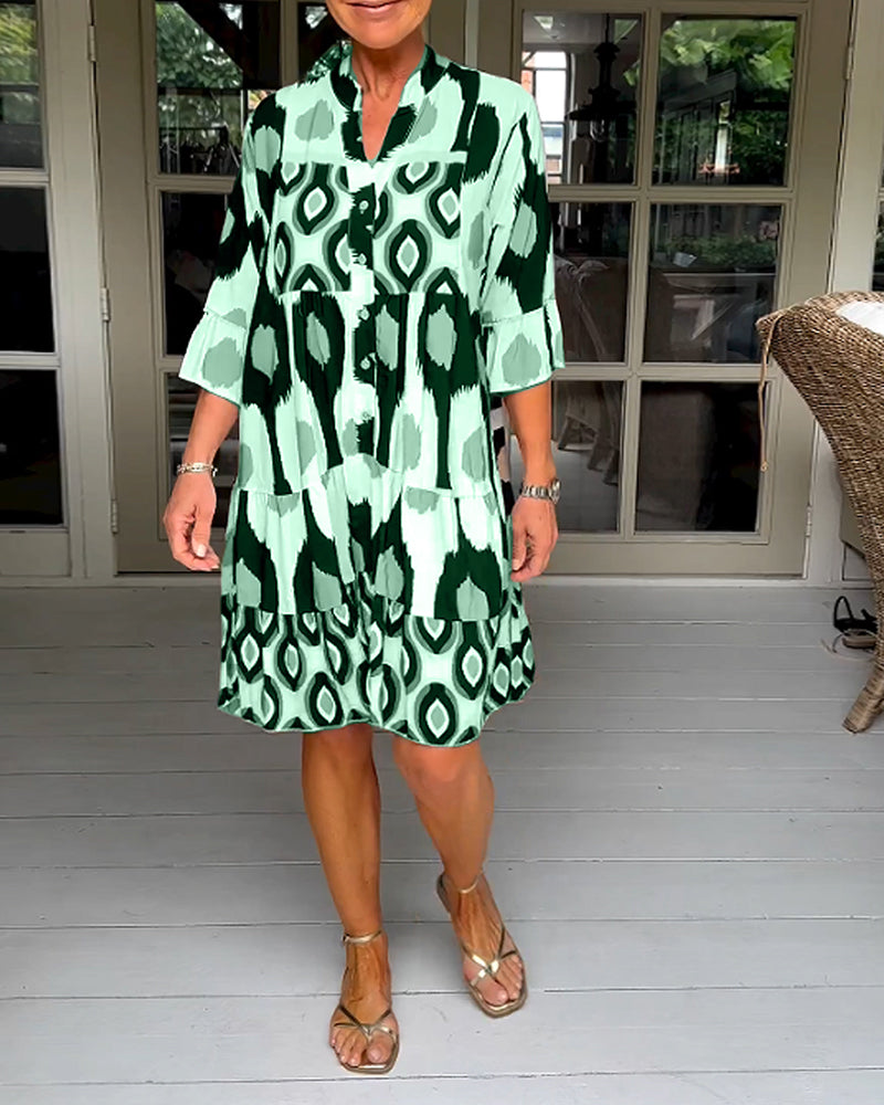 ELVINA | Geprinte Jurk met 3/4 Mouwen en A-Lijn Snit voor een Elegante en Ontspannen Look