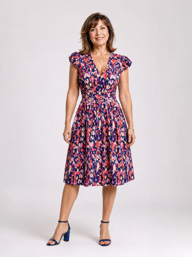 Sipola | Knielange jurk met flutter mouwen en print