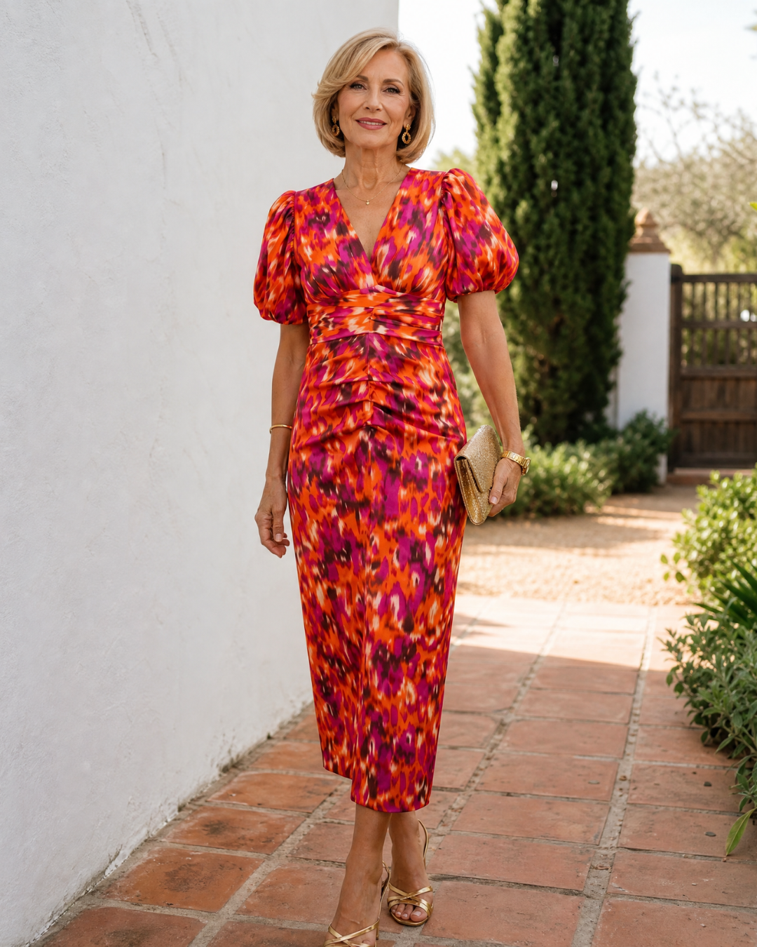 Zavienna | Midi-jurk met pofmouwen en abstracte print