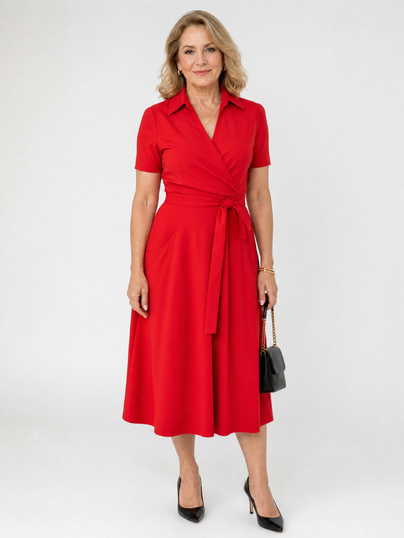 Coral | Midi-jurk met kraag en overslagtaille