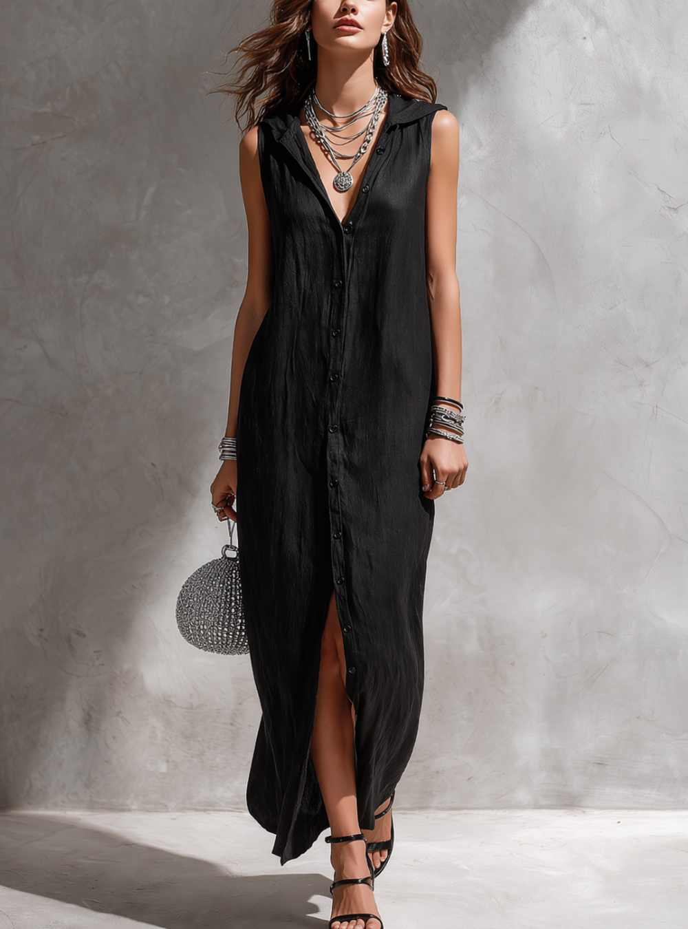 Minimalistische Mouwloze Knop-Jurk met Split