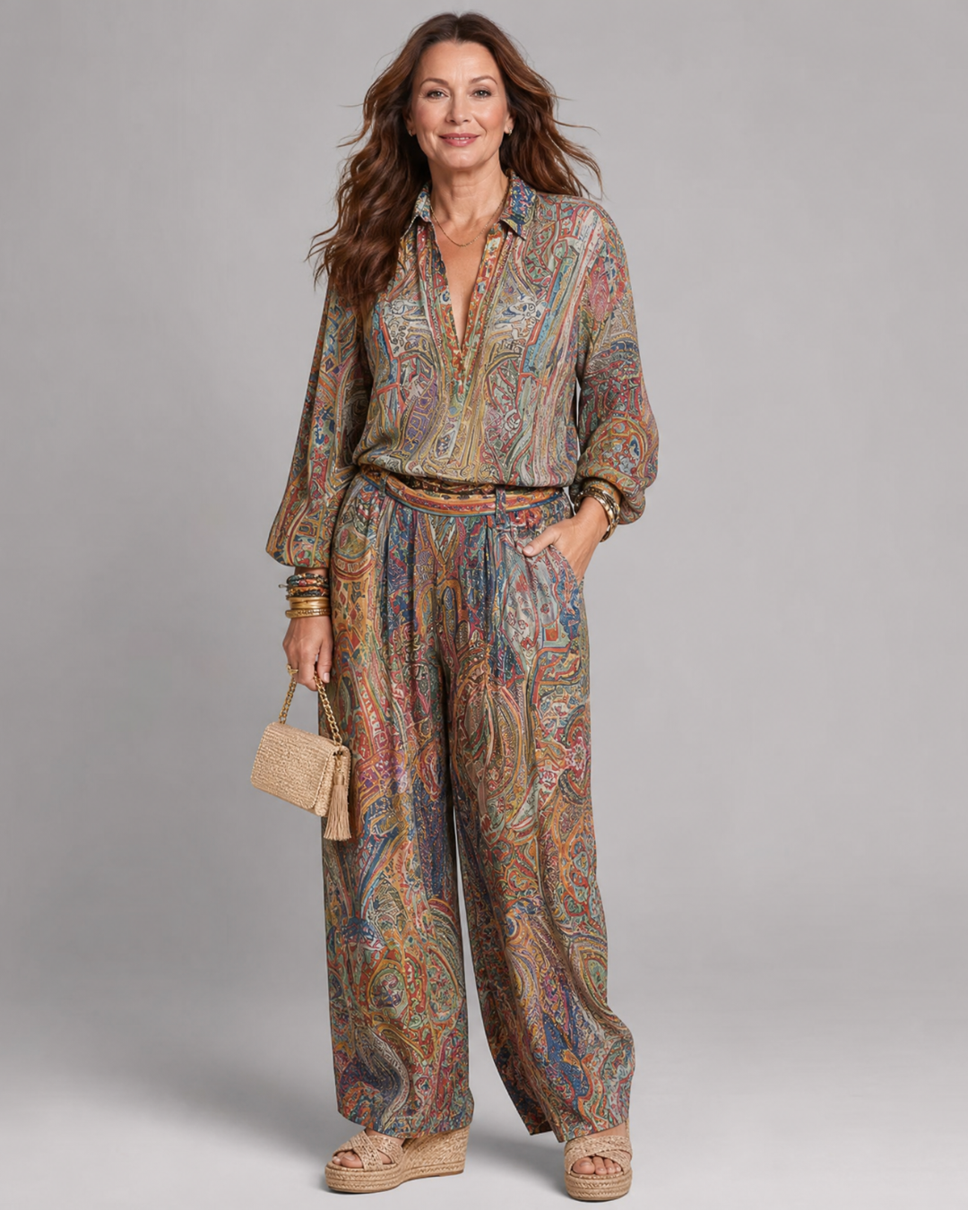 Virezza | 2-delige Set met Sierlijke Paisleyprint Blouse en Wijde Broek