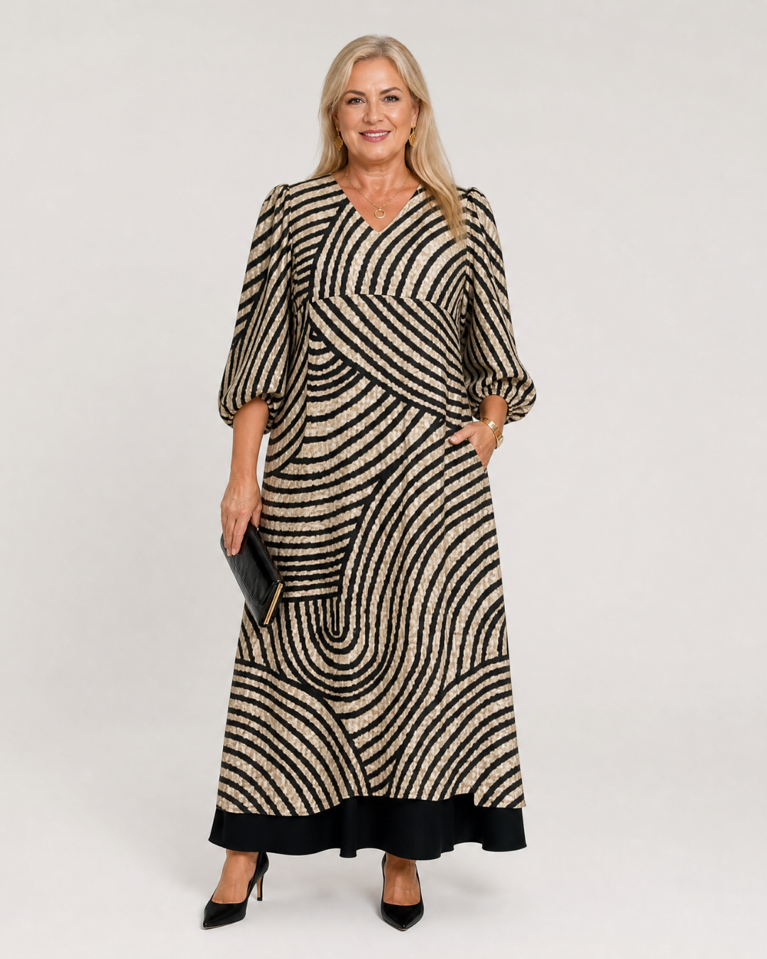 Vimera | Midi-jurk met abstracte golfprint en zakken