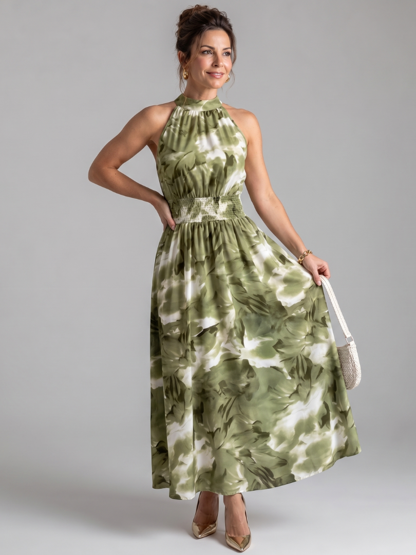 Olivia | Midi-jurk met abstracte print en gerimpelde taille