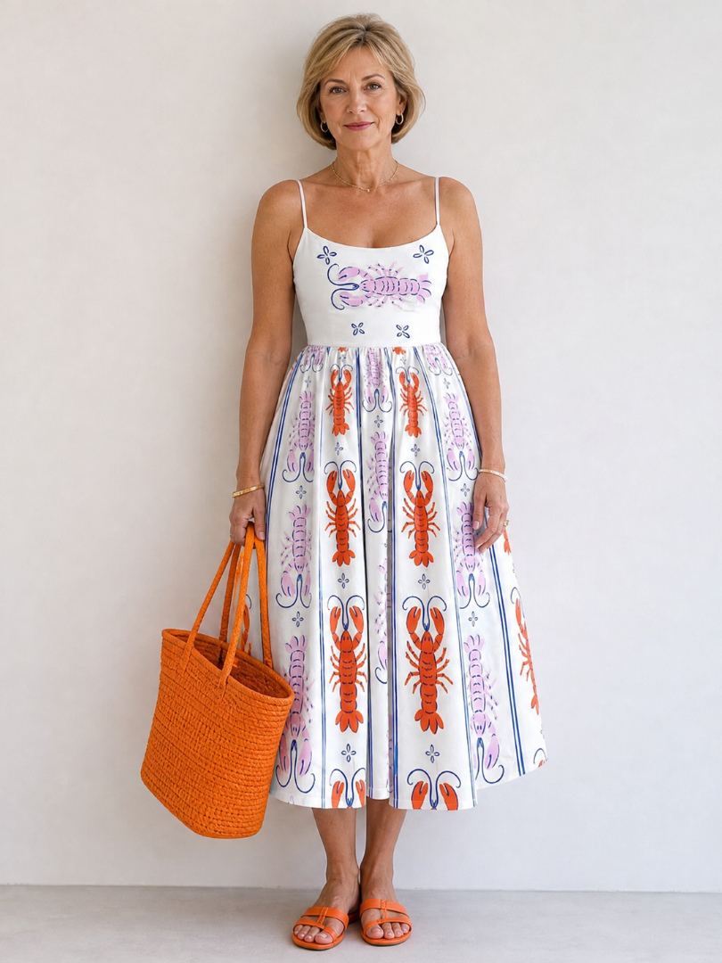 Coralyse | Mouwloze midi-jurk met kreeftprint