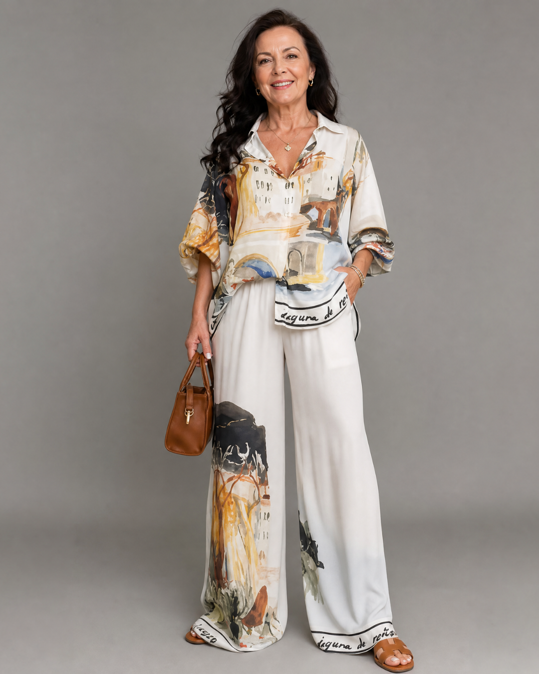Calyra | 2-delige Set met Artistieke Print Blouse en Wijde Broek