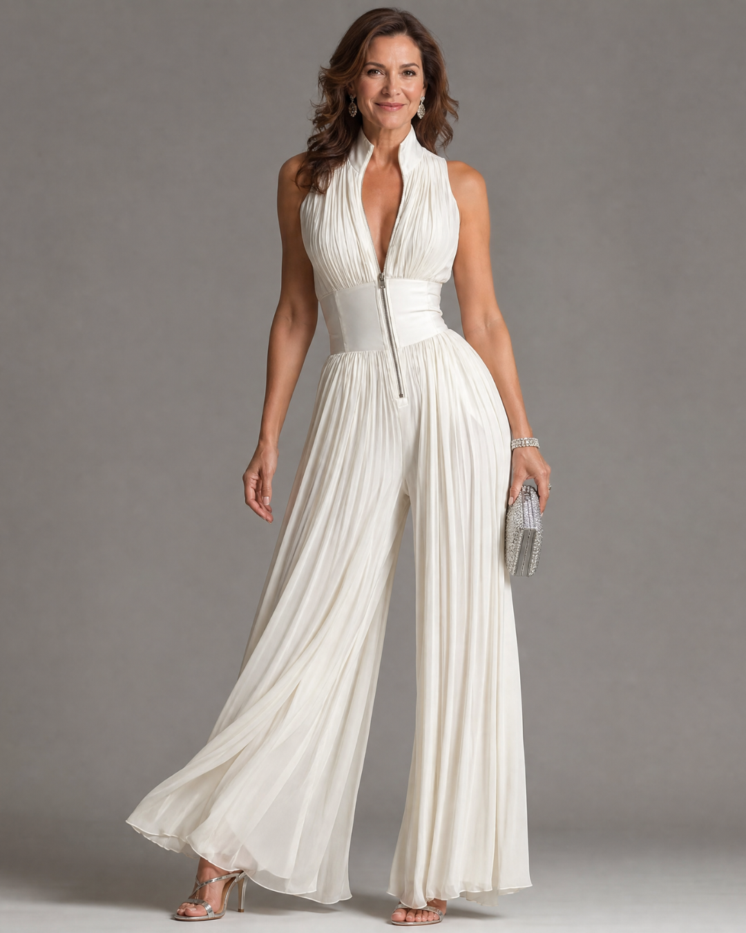 Zakira | Geplooide halter jumpsuit met wijde pijpen