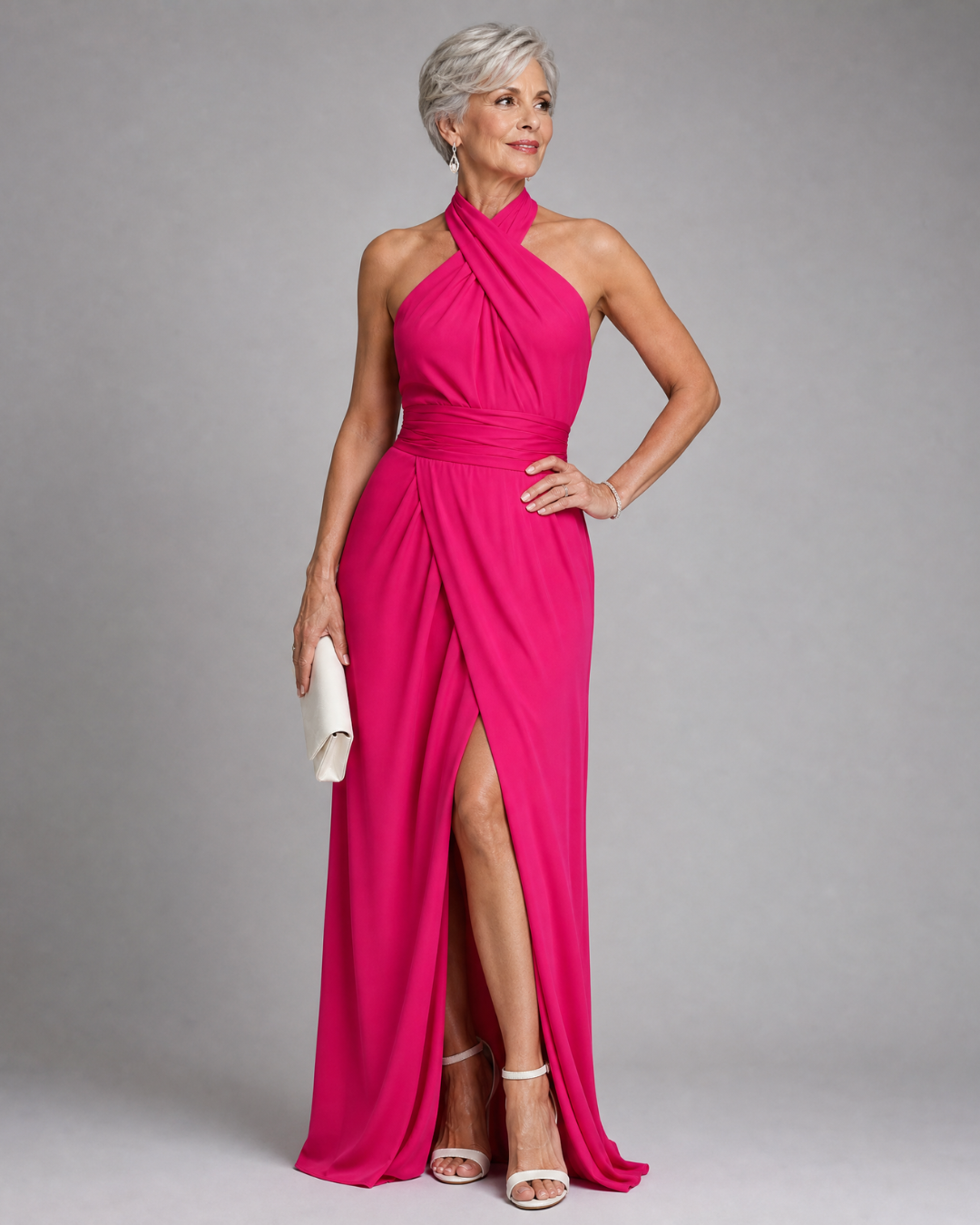 Vaelora | Gedrapeerde midi-jurk met gekruiste halter en split