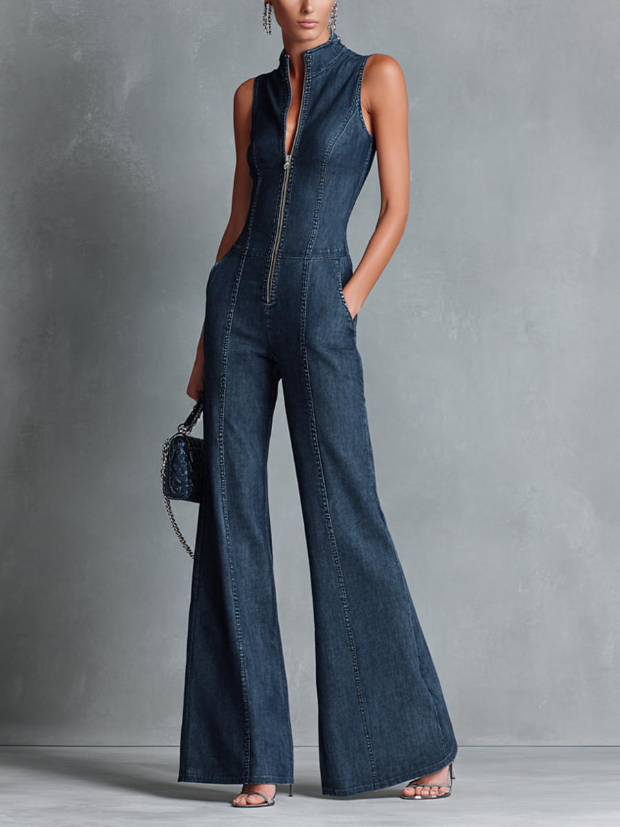 Valentine | Mouwloze jumpsuit met col en uitlopende pijp
