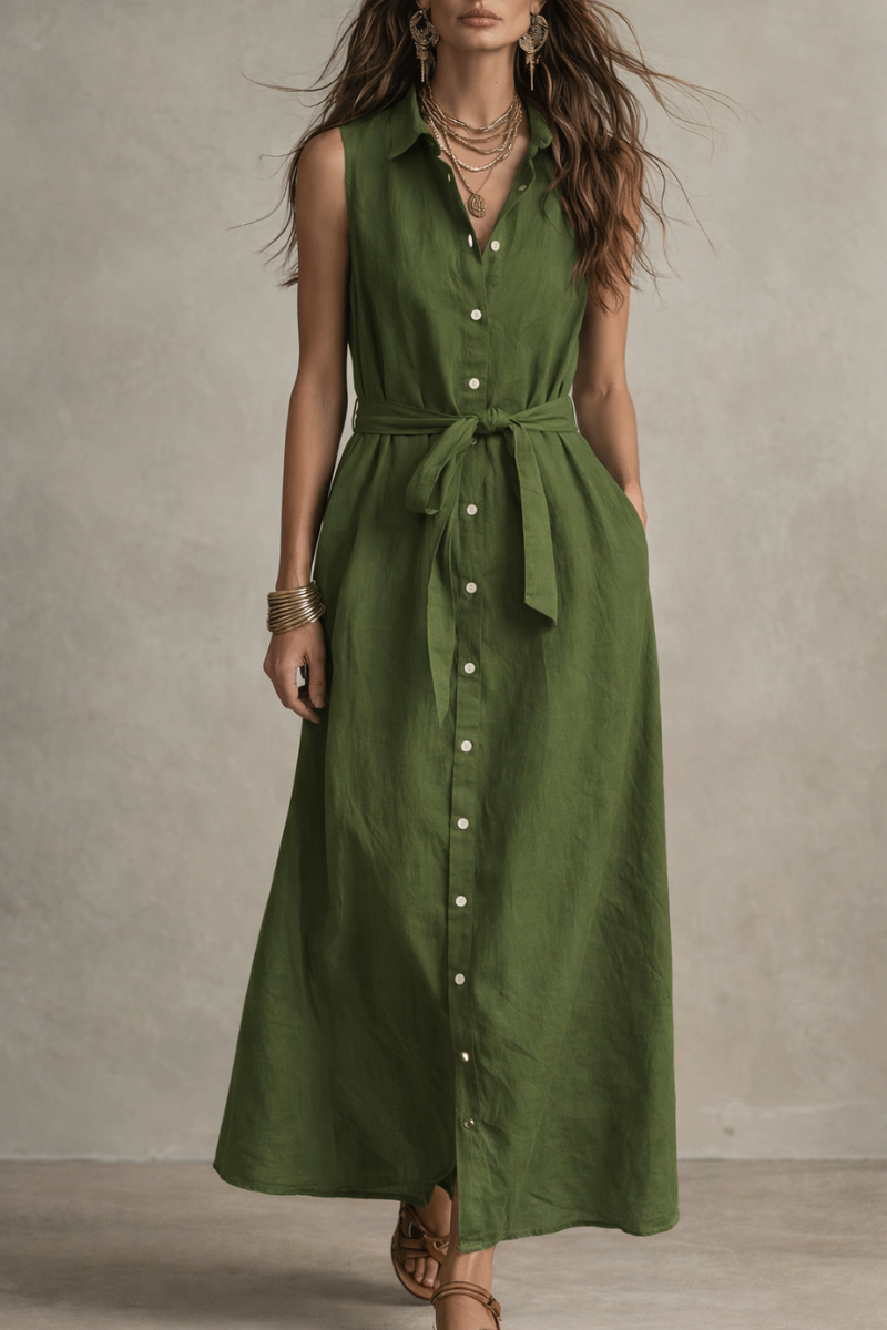 Moeiteloze Olijf Boho Knopen Maxi Shirt Jurk