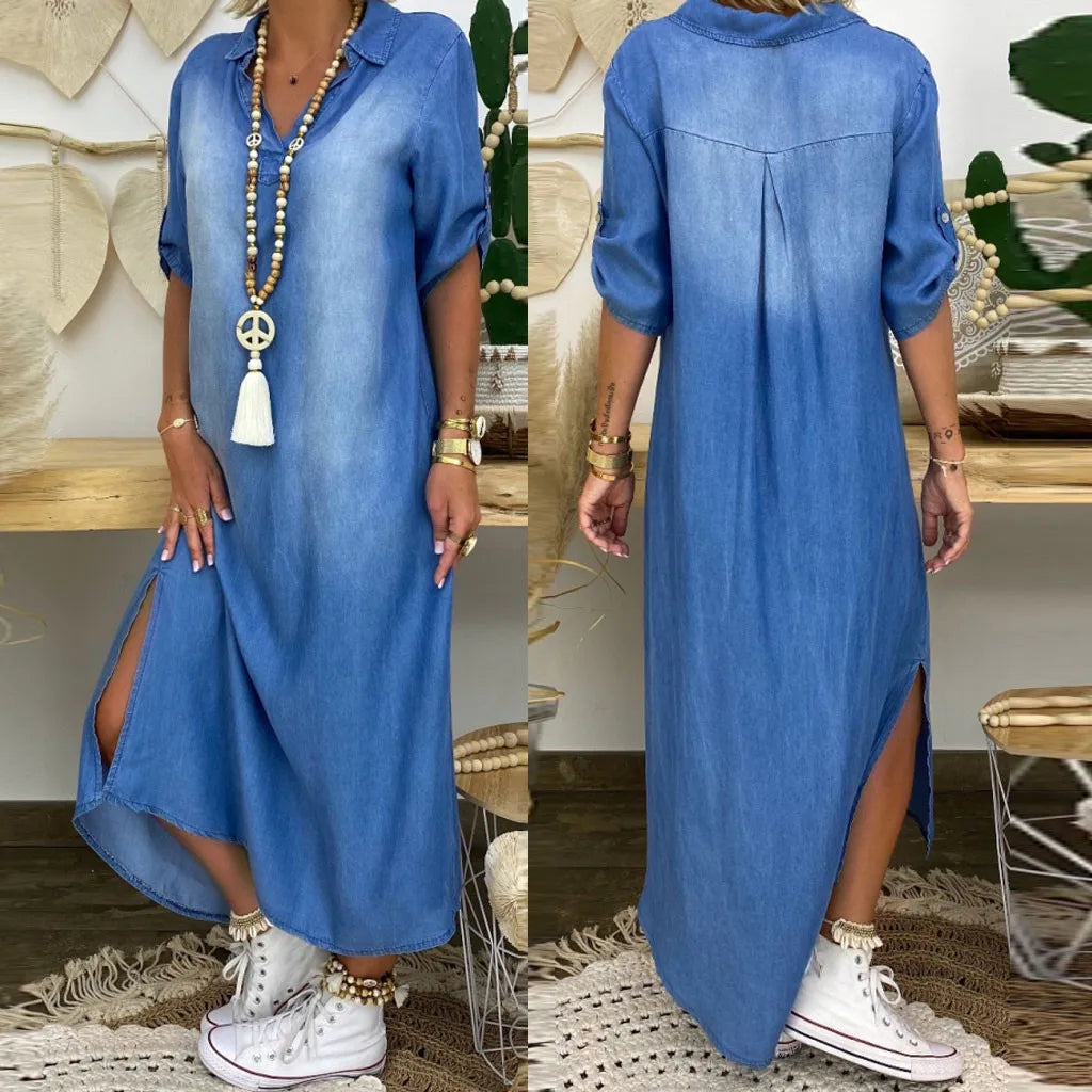 Noor™ | Lange denim jurk met zijsplitten