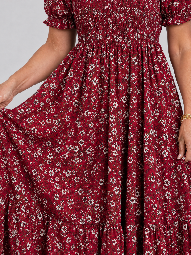 Louse | Midi-jurk met bloemenprint, smock en vierkante hals