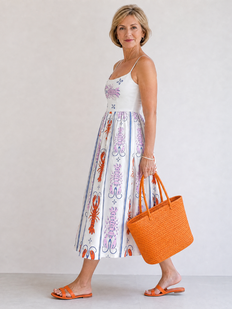 Coralyse | Mouwloze midi-jurk met kreeftprint