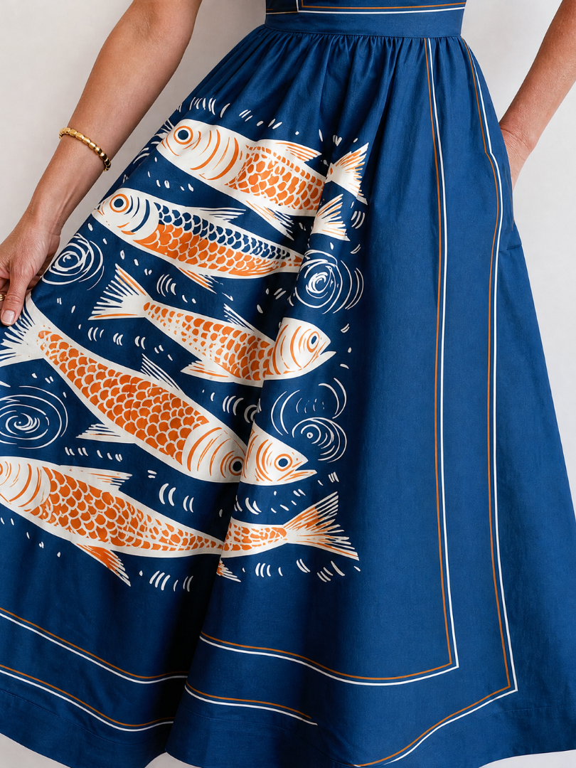 Calythene | Mouwloze midi-jurk met visprint