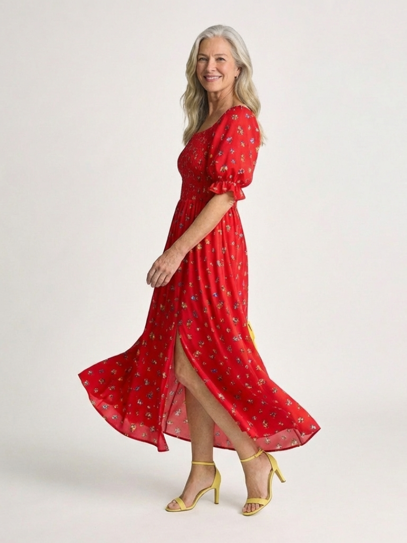 Delphine | Midi-jurk met vierkante hals en pofmouwen