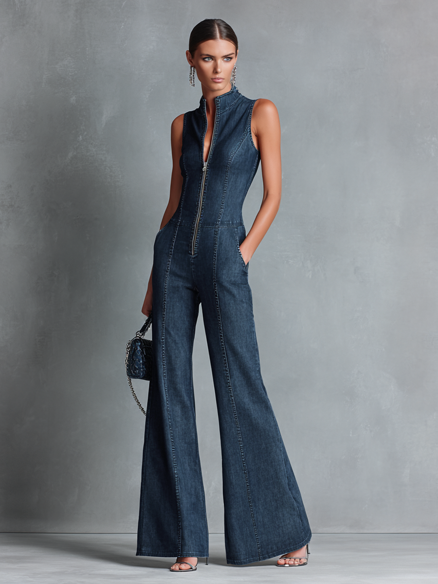 Valentine | Mouwloze jumpsuit met col en uitlopende pijp
