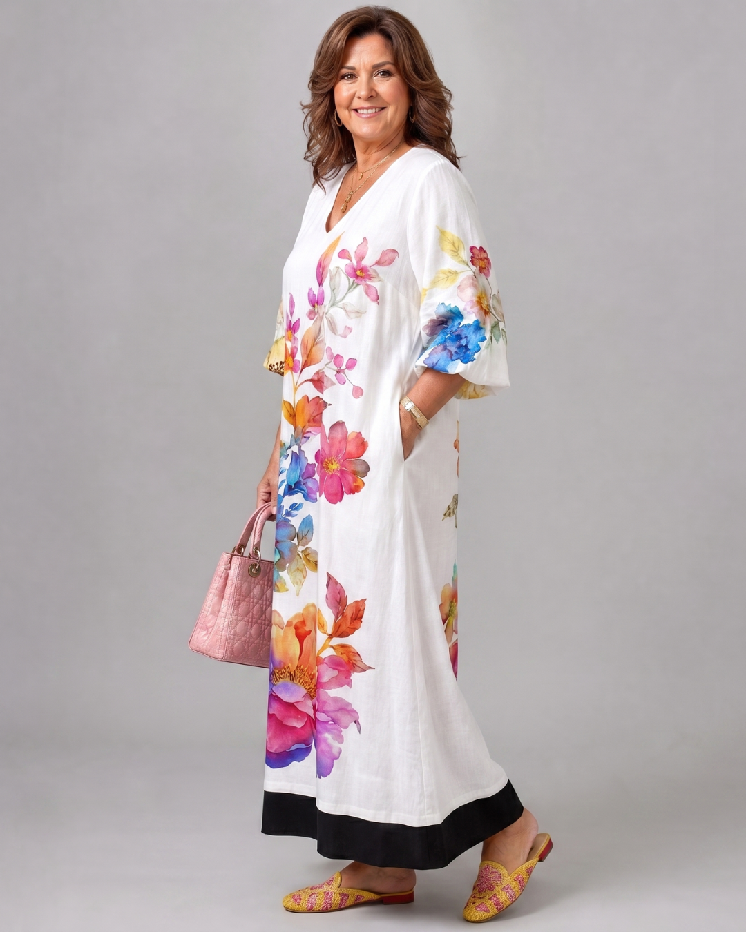 Florienne | Vloeiende midi-jurk met aquarel bloemenprint