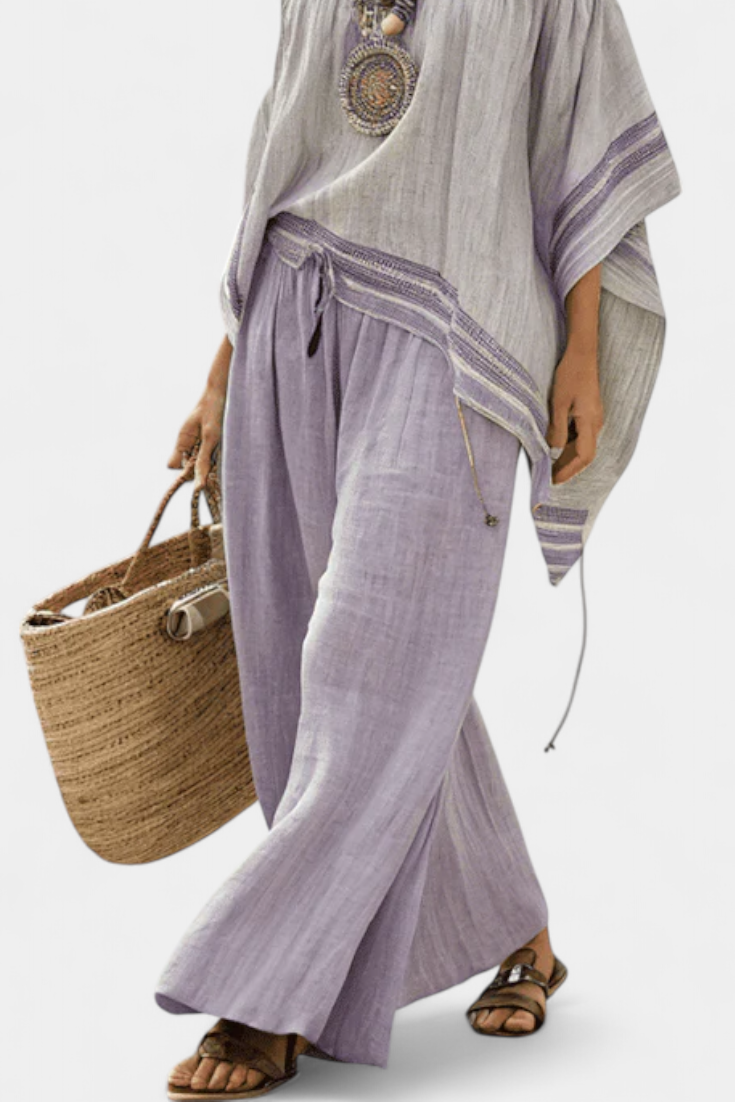 Zandrel | Elegante Off-Shoulder Top en Brede Pantalon met Strepen