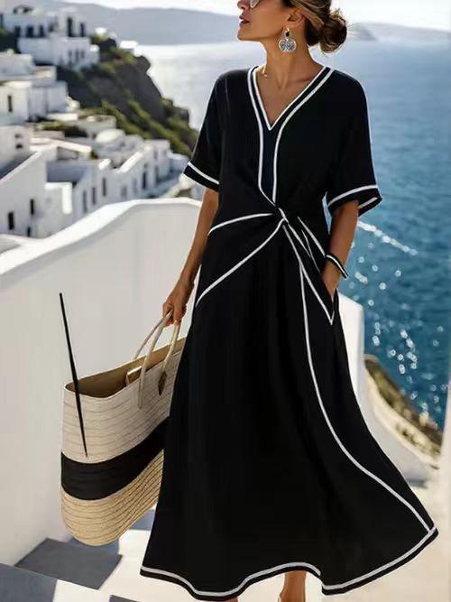 Maxi-jurk met ronde hals en contrastbies