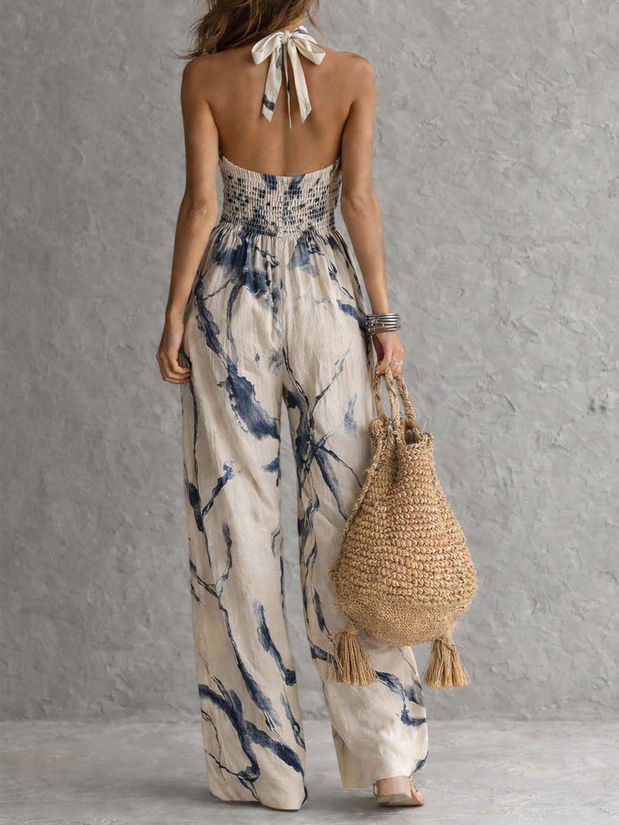 Halter Nek Inkt Was Print Brede Pijpen Jumpsuit Met Zakken