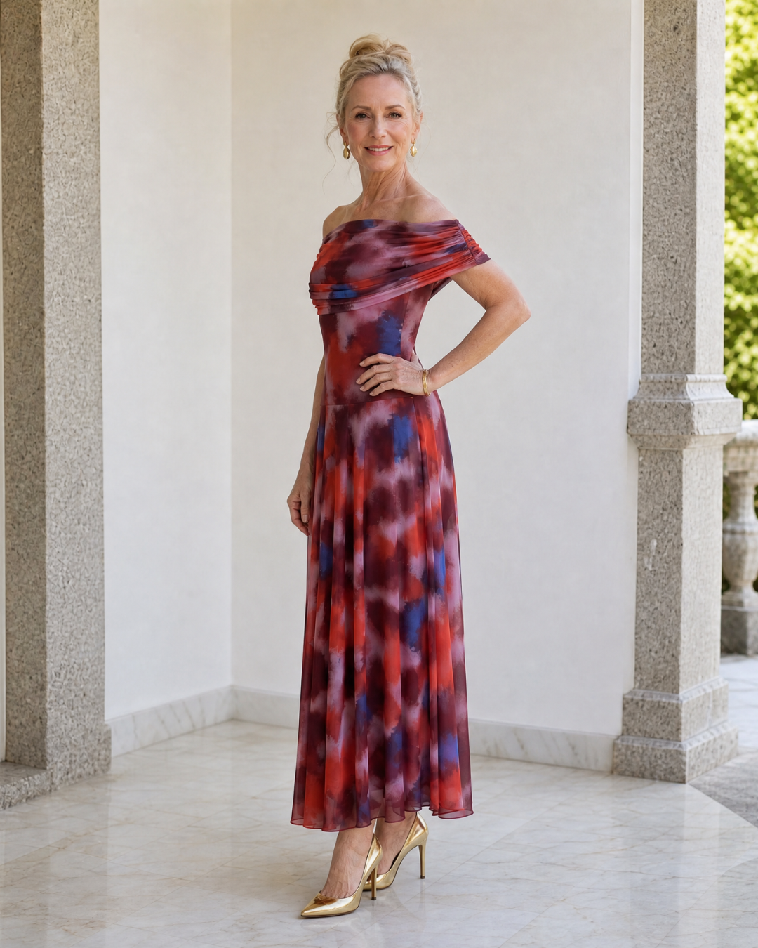 Violla | Off-shoulder midi-jurk met aquarelprint