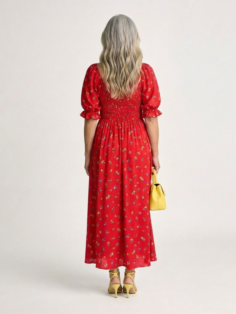 Delphine | Midi-jurk met vierkante hals en pofmouwen