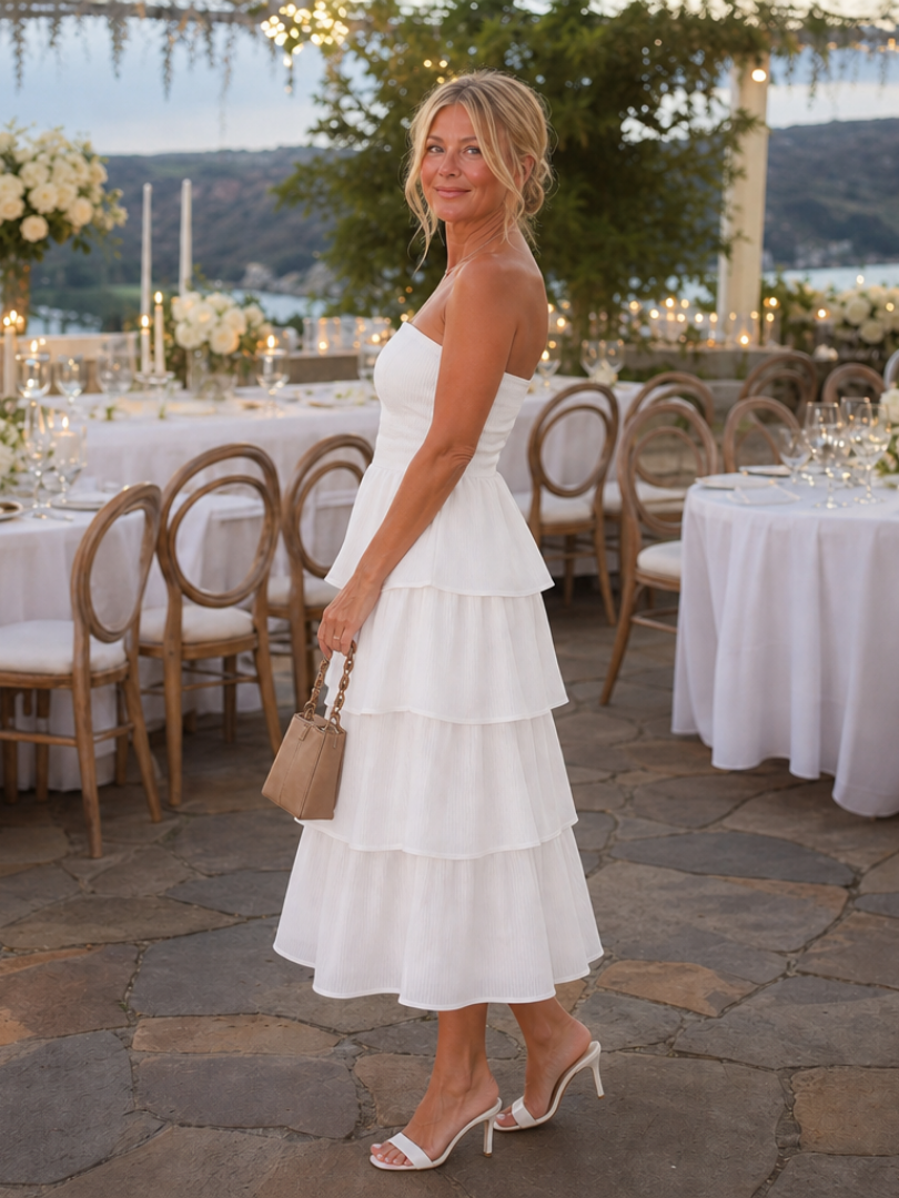Gemma | Strapless midi-jurk met gesmokt lijfje
