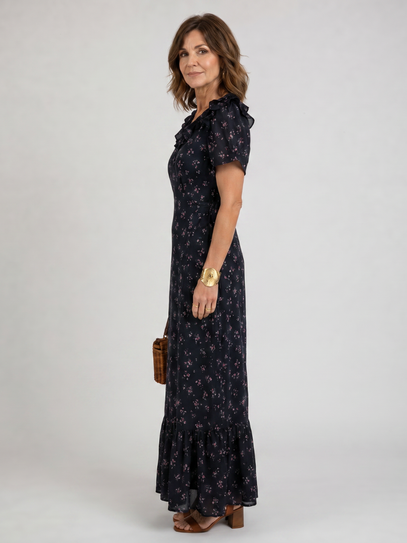 Semifal | Midi-jurk met bloemenprint, pofmouwen en ruches