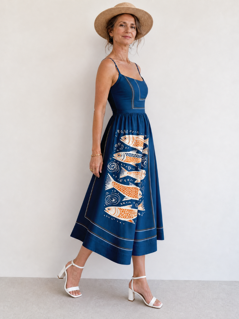 Calythene | Mouwloze midi-jurk met visprint