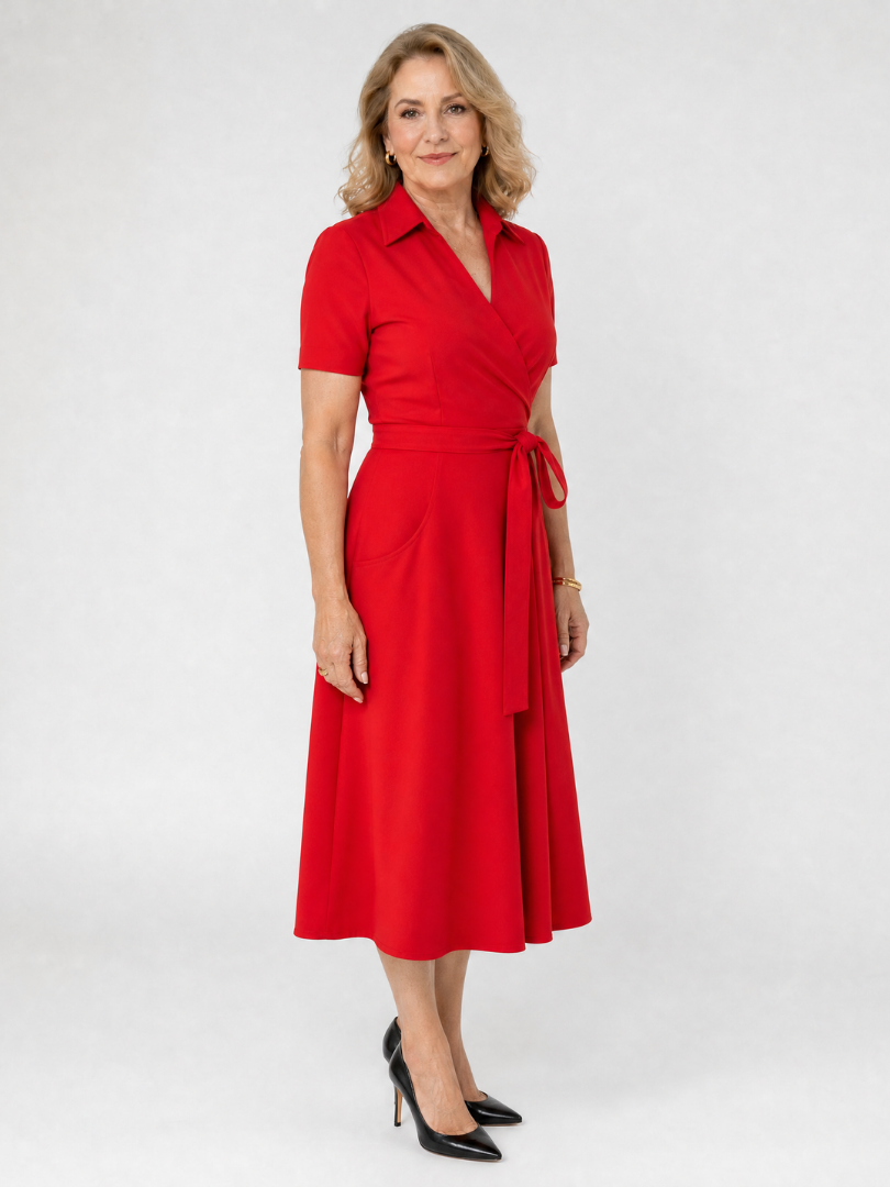 Coral | Midi-jurk met kraag en overslagtaille